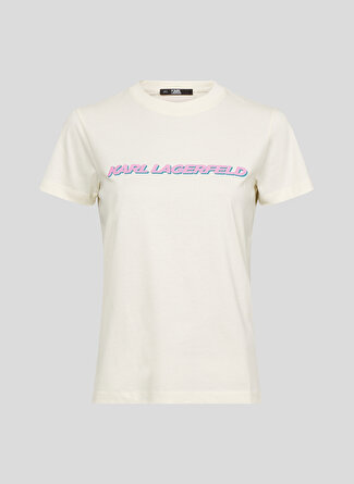 Karl Lagerfeld KARL LAGERFELD Bisiklet Yaka Baskılı Ekru Kadın T-Shirt 225W1701