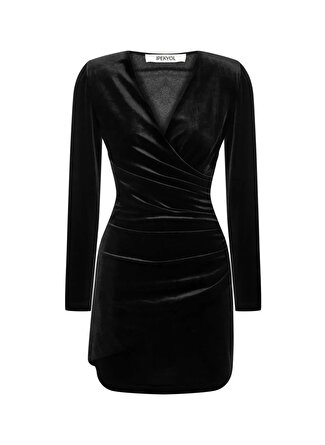 İpekyol Kruvaze Yaka Düz Siyah Kısa Kadın Büzgülü Elbise IW6220002237001