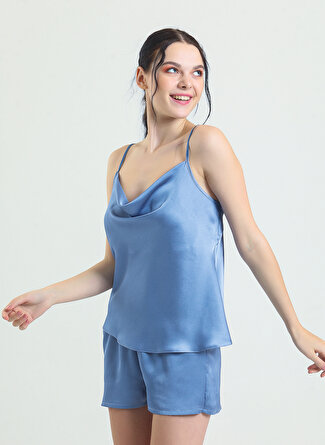 Magic Form Degaje Yaka Düz Mavi Kadın Pijama Şort Takım 16790