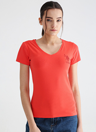 U.S. Polo Assn. V Yaka Düz Kırmızı Kadın T-Shirt TV0123_12