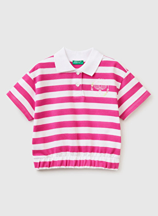 Benetton Çizgili Pembe Kız Çocuk Polo T-Shirt 38PMC300U