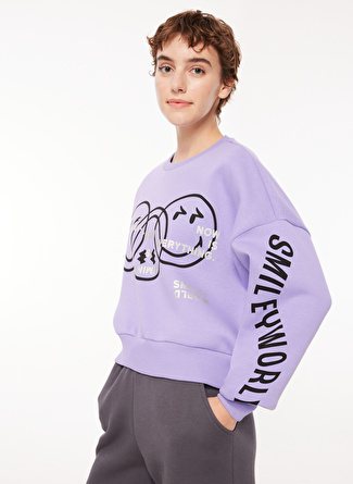 Never Say Never Kadın Lila Bisiklet Yaka Oversize Düz SMILEY WORLD Sweatshirt