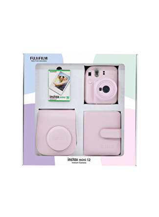 Instax mini 12 Pembe Fotoğraf Makinesi 10'lu Film Kare Albüm ve Deri Kılıf Bundle Box