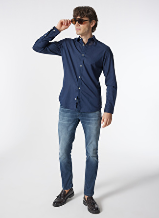 Jack & Jones Slim Fit Lacivert Erkek Gömlek JJELINEN BLEND SHIRT LS SN