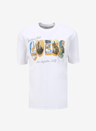 Guess Bisiklet Yaka Baskılı Beyaz Erkek T-Shirt M4GI44KC6U1G011_SS BSC GUESS POSTCA