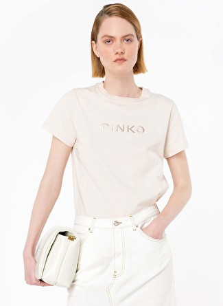 Pinko Yuvarlak Yaka Baskılı Bej Kadın T-Shirt 101752A1NW