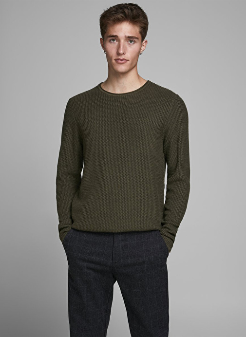 Jack & Jones 12179861_Jprblucarlos Knit Crew Nec O Yaka Uzun Kollu  Normal Kalıp Düz Koyu Yeşil Erkek Kazak