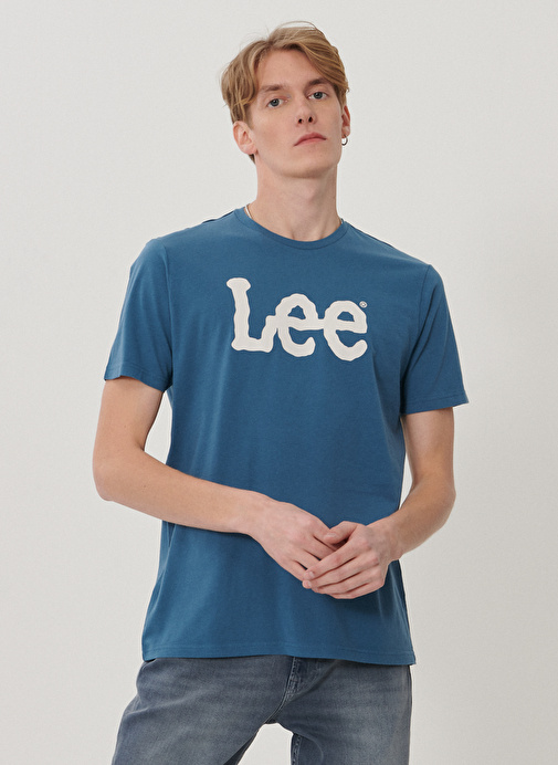 Lee L65QAIQO_Logo Bisiklet Yaka Logo Baskılı Slim Fit Pamuklu Mavi Erkek T-shirt