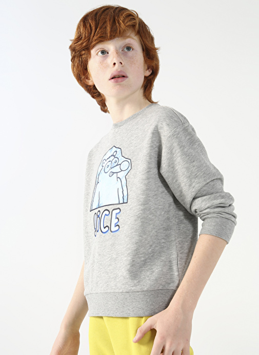 Fluffy Bisiklet Yaka Oversized Gri Melanj Erkek Çocuk Sweatshirt FFY-10