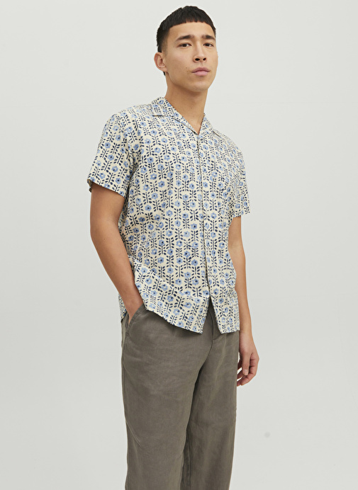 Jack & Jones Normal Mavi Desenli Erkek Gömlek 12234367_JPRBLULANDON PRINT RESORT