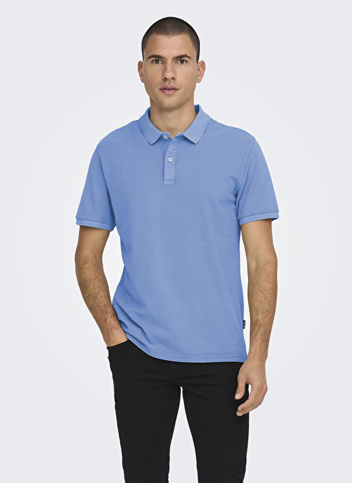 Only & Sons Düz Mavi Erkek Polo T-Shirt 22021769_ONSTRAVIS SLIM WASHED SS P