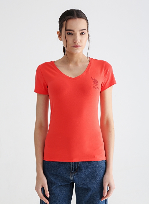 U.S. Polo Assn. V Yaka Düz Kırmızı Kadın T-Shirt TV0123_33