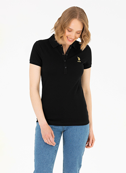 U.S. Polo Assn. Polo Yaka Düz Siyah Kadın T-Shirt TP0123