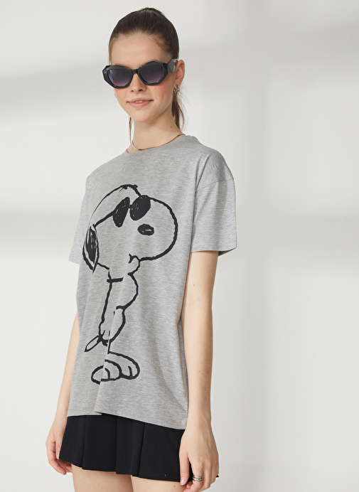 Never Say Never Snoopy Baskılı Gri Melanj Kadın Oversized T-Shirt BYL3005