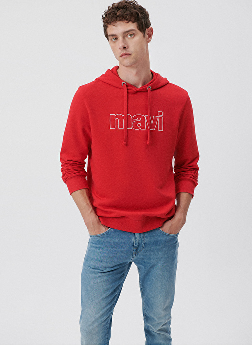 Mavi Kapüşon Yaka Kırmızı Erkek Sweatshırt M065606-82054_LOGO KAPÜŞONLU SWEATS