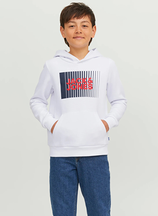 Jack & Jones Beyaz Erkek Çocuk Kapüşonlu Uzun Kollu Lastikli Baskılı Sweatshirt JJECORP LOGO SWEAT HOOD PLAY NOOS J