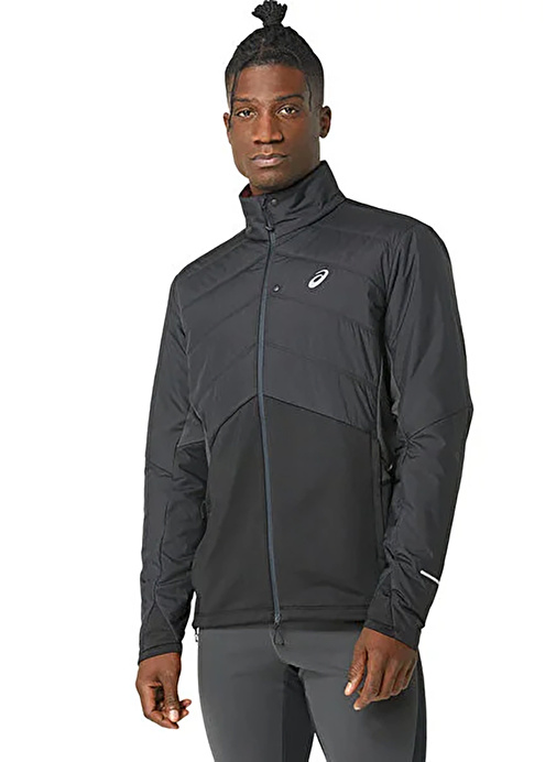 Asics 2011C883-001 WINTER RUN JACKET Siyah - Gri Erkek Fermuarlı Yaka   Normal Kalıp