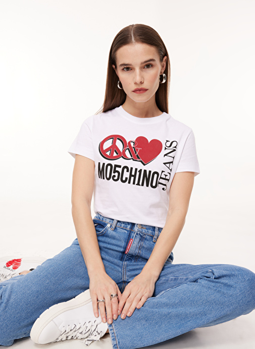 Moschino Jeans Bisiklet Yaka Baskılı Beyaz Kadın T-Shirt J0713