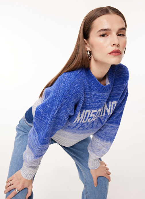 Moschino Jeans Bisiklet Yaka Normal Baskılı Mavi Kazak Kadın J0919