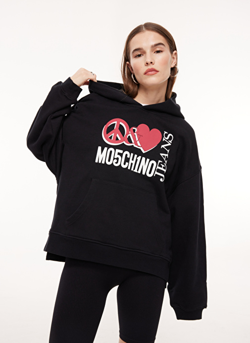 Moschino Jeans Kapüşon Yaka Baskılı Siyah Kadın Sweatshırt A1710