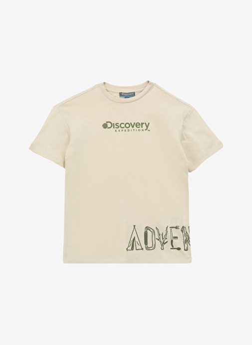 Discovery Expedition Bej Erkek Çocuk Bisiklet Yaka Oversize Baskılı T-Shirt D4SB-TST3035