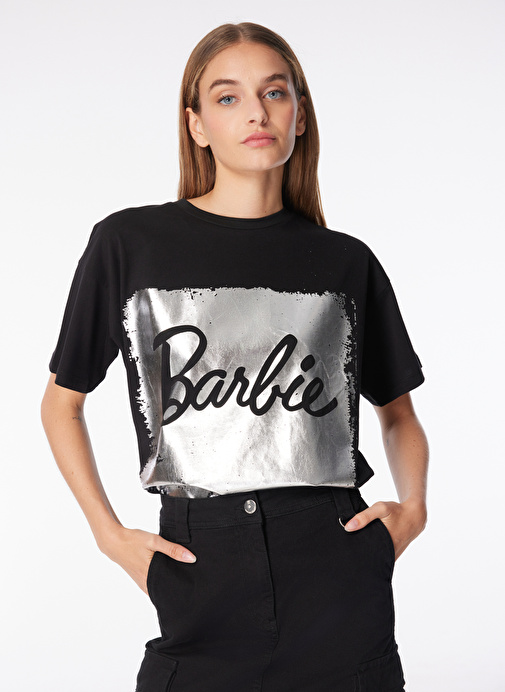 Barbie Bisiklet Yaka Baskılı Siyah Kadın T-Shirt BRB4SL-TST6050