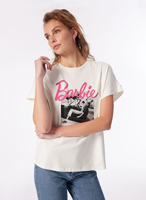 Barbie Bisiklet Yaka Baskılı Ekru Kadın T-Shirt BRB4SL-TST6090