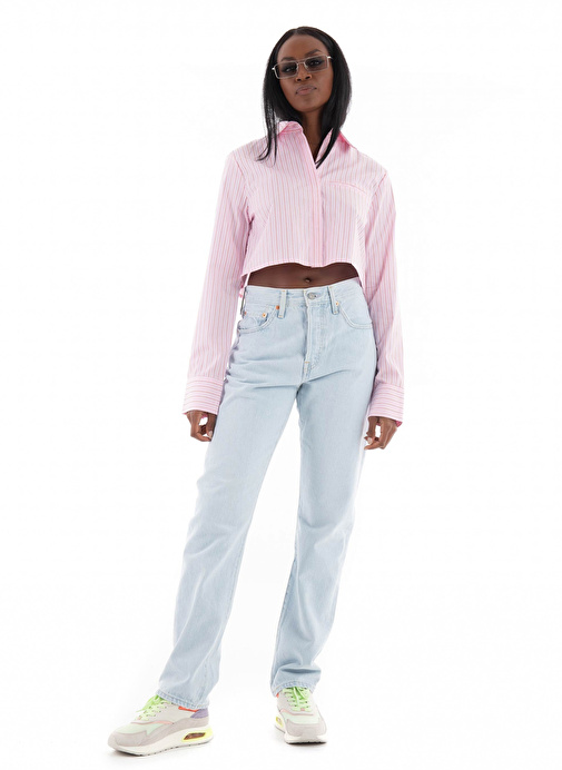 Only Normal Gömlek Yaka Çizgili Pembe Kadın Gömlek ONLHOLLY MICHELLE STRIPE CROP SHIRT