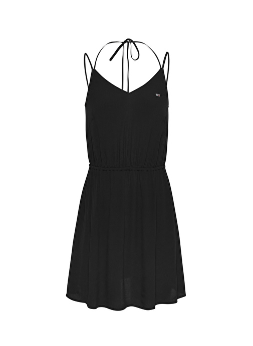 Tommy Jeans V Yaka Düz Siyah Kısa Kadın Elbise TJW ESSENTIAL STRAPPY DRESS