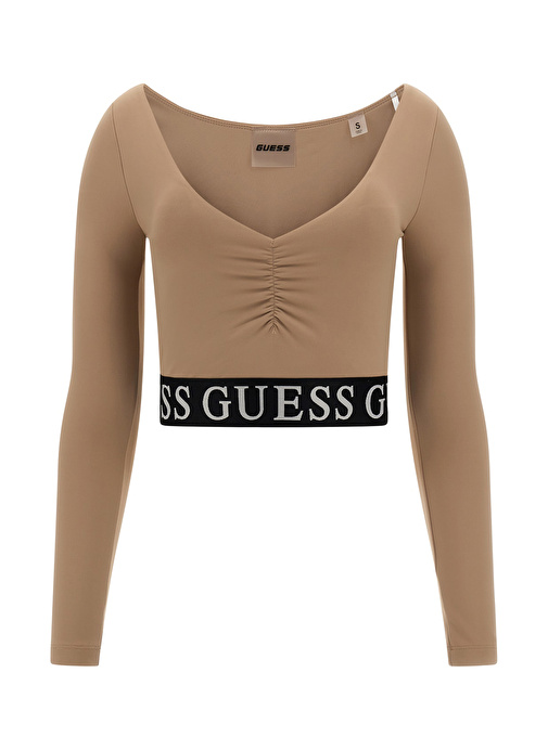 Guess Açık Kahve Kadın V Yaka T-Shirt V3BP08MC04ZA10L-KIRAN LS ACTIVE TOP