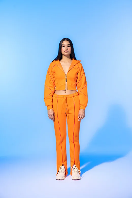 Vivid Flame Orange Zip-Up Cropped Hoodie 1