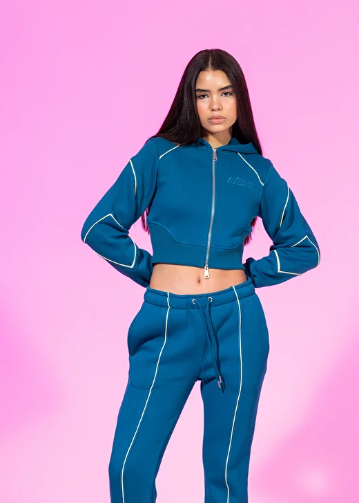 Petrol Blue Zipped-Up Crop Hoodie 4