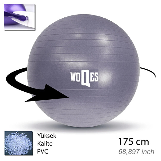 WOQES 65cm Pilates Topu Yüksek Kalite PVC Şişirme Pompası Hediyeli Gri 2