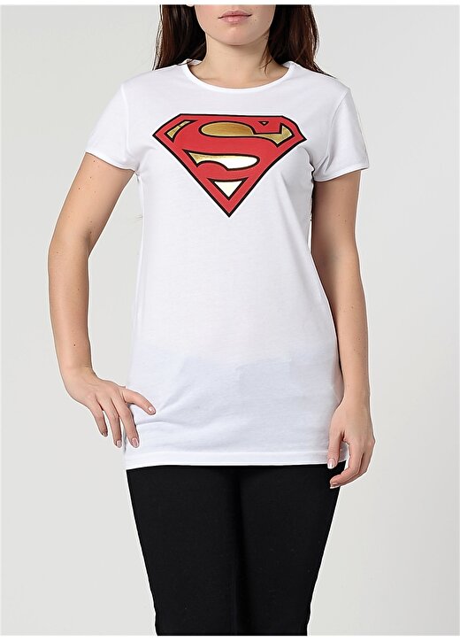 Supergirl Bisiklet Yaka Kısa Kol Baskılı Beyaz Genç Kız Tişört 2
