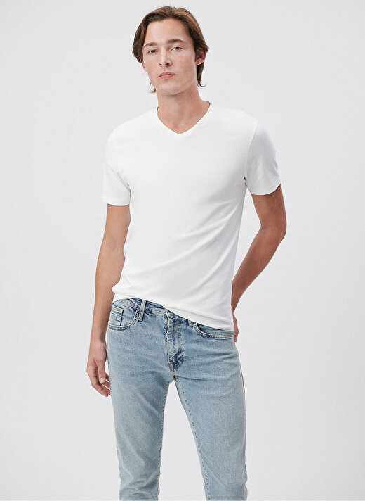  Mavi V Yaka Dar Düz Beyaz Erkek T-Shirt 1