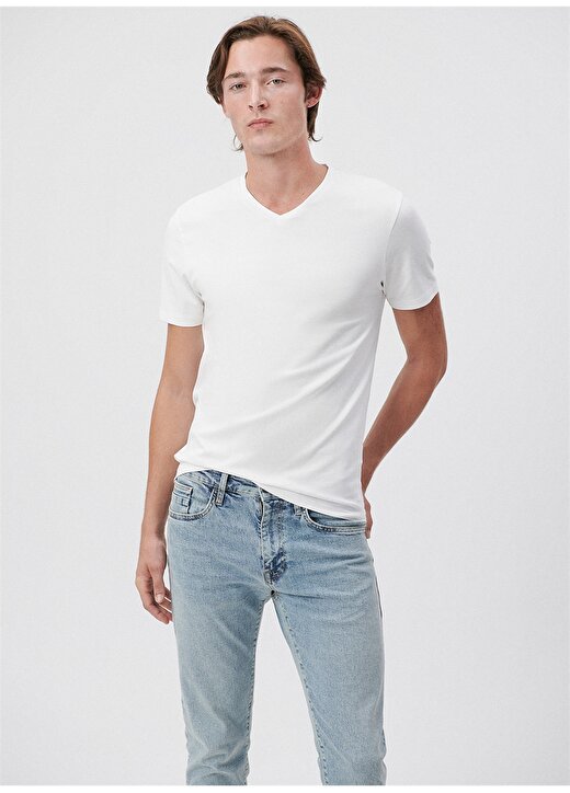 Mavi V Yaka Dar Düz Beyaz Erkek T-Shirt 1