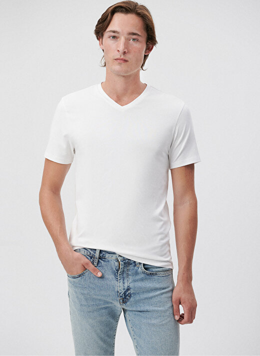  Mavi V Yaka Dar Düz Beyaz Erkek T-Shirt 2