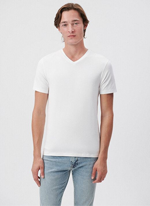  Mavi V Yaka Dar Düz Beyaz Erkek T-Shirt 3