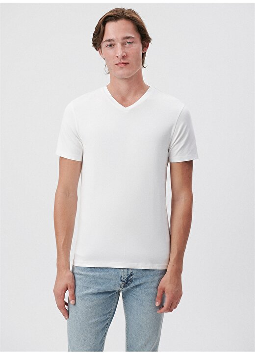 Mavi V Yaka Dar Düz Beyaz Erkek T-Shirt 3