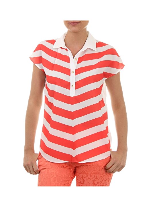 Cotton Bar Düğmeli V Yaka Kısa Kol Neon Kırmızı - Beyaz Kadın Bluz 2