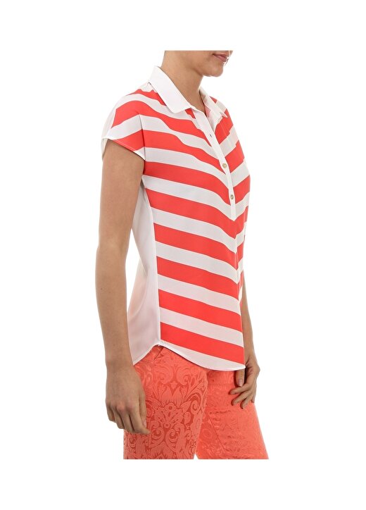Cotton Bar Düğmeli V Yaka Kısa Kol Neon Kırmızı - Beyaz Kadın Bluz 3