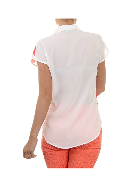 Cotton Bar Düğmeli V Yaka Kısa Kol Neon Kırmızı - Beyaz Kadın Bluz 4