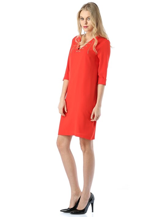 Cotton Bar Neon Kırmızı V Yaka Kadın Elbise 2