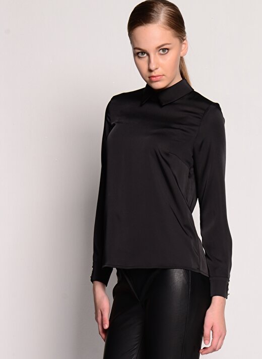 House Of Camellia Gömlek Yaka Siyah Kadın Bluz 1