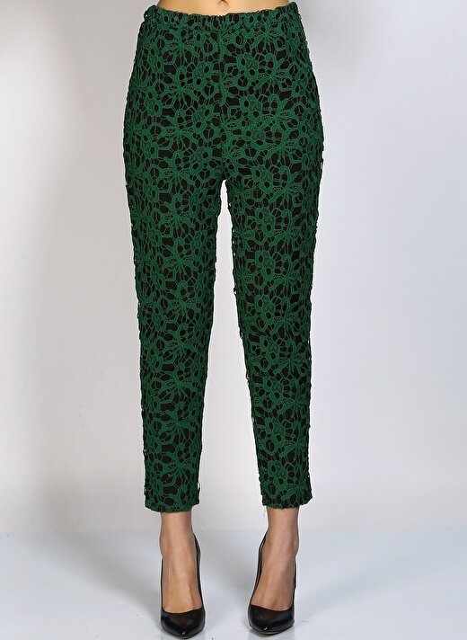 Goldie Yüksek Bel Dar Paça Desenli Koyu Yeşil Kadın Pantolon 2