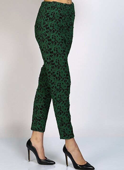 Goldie Yüksek Bel Dar Paça Desenli Koyu Yeşil Kadın Pantolon 3