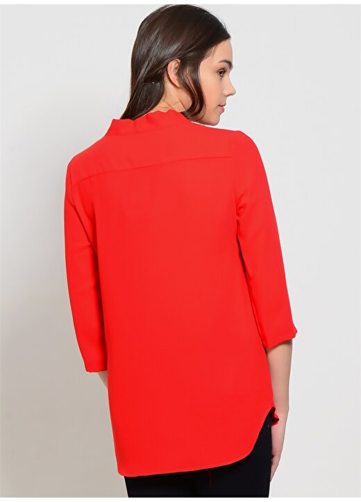 House Of Camellia Strıpe Fularlı V Yaka Uzun Kol Kırmızı Kadın Bluz 4