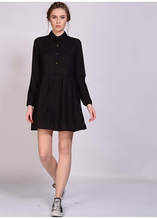 Compania Fantastica Gömlek Yaka Uzun Kol Düğmeli Siyah Kadın Elbise 2