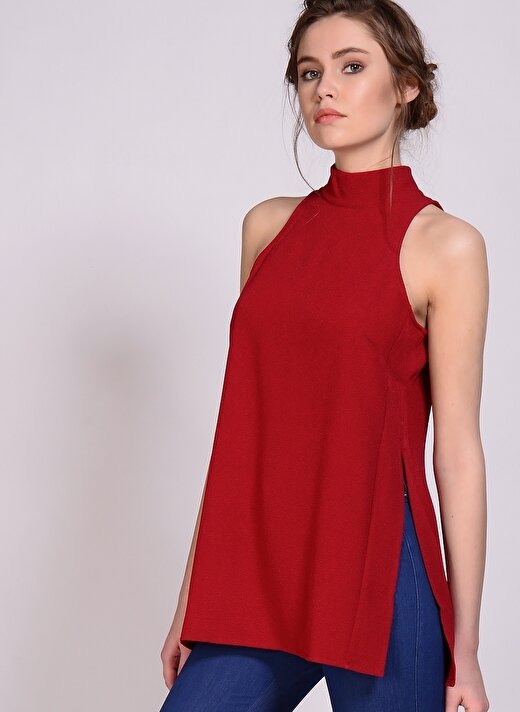 Fashion Union Boğazlı Yaka Kolsuz Yırtmaçlı Kırmızı Kadın Tunik 3