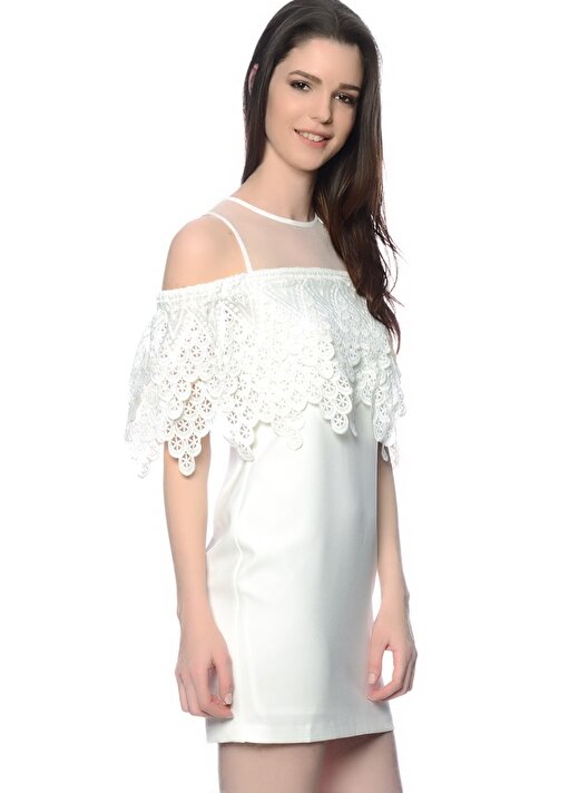 Endless Rose Askılı Kayık Yaka Örgü Detaylı Arkadan Fermuarlı Beyaz Kadın Elbise 3